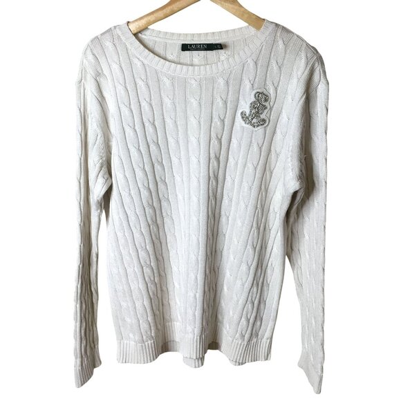 LAUREN RALPH LAUREN Green Label Cable Knit Sweater L White Crest Patch 90s Prep - Picture 1 of 7